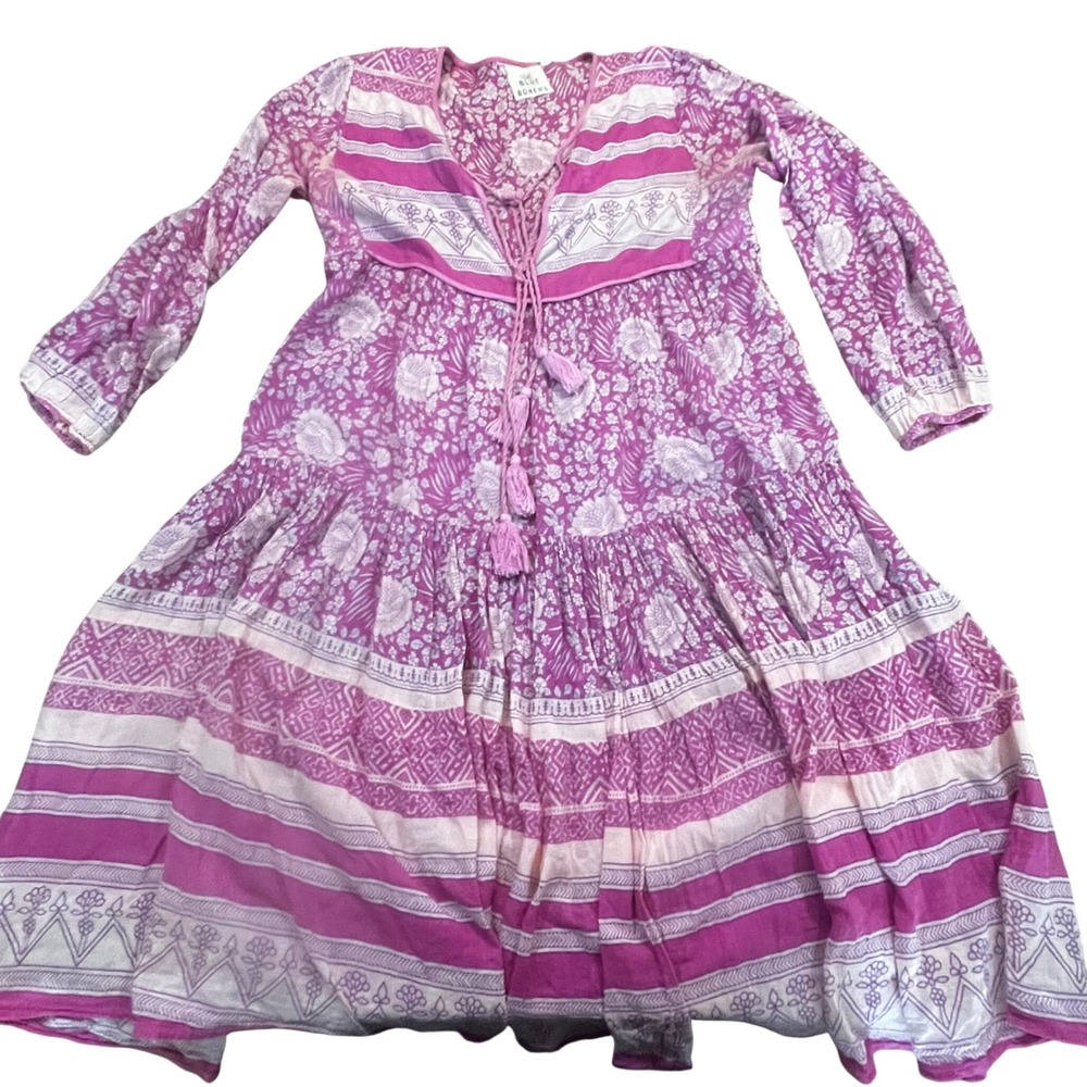 Blue Boheme Pink Floral Block Print Tassel‎ Tiered Midi Dress Womens Size S/M
